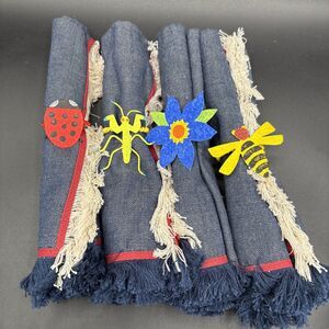 Set Of 4 Denim William Yeoward Napkins and Crate & Barrel Bug Napkin Rings